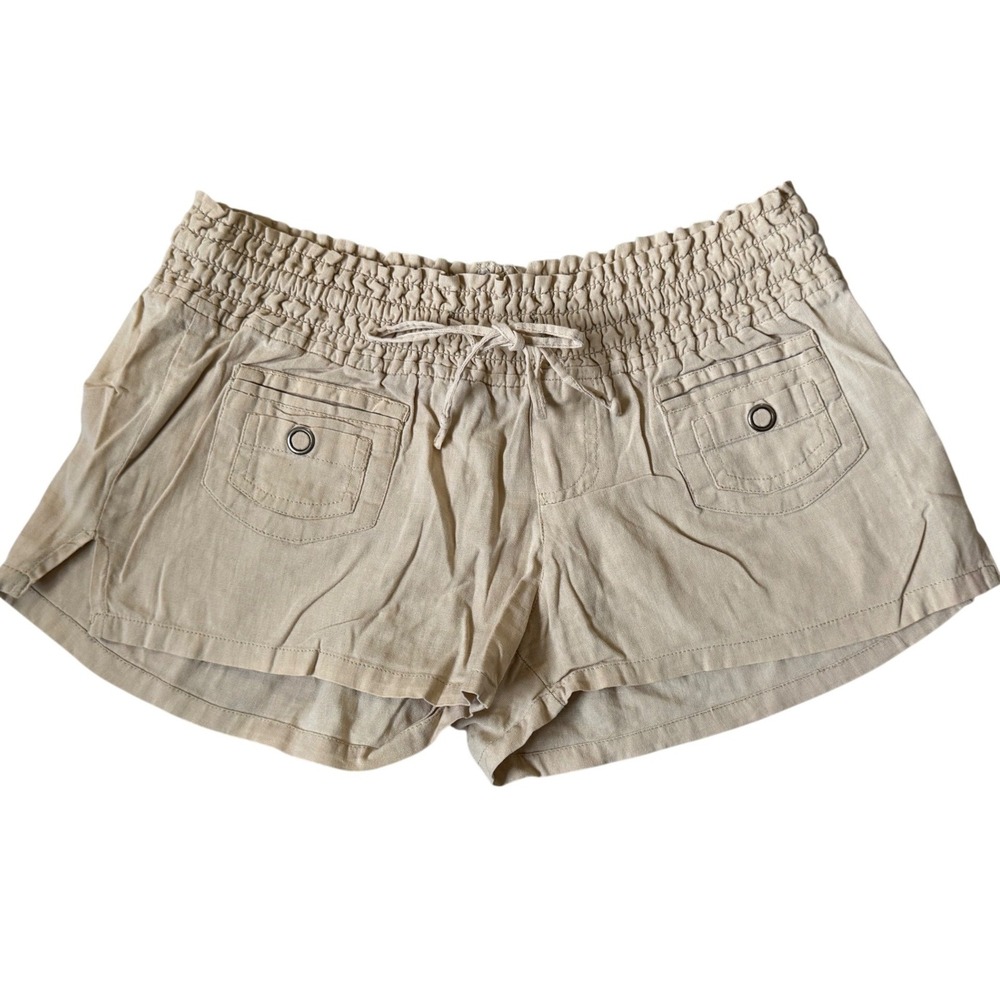 LAGACI Tan Smocked Waist Linen Blend Cargo Shorts Khaki Drawstring Casual Womens